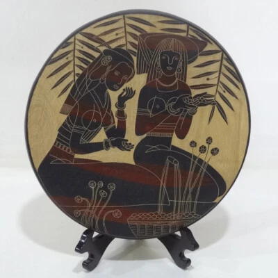 Hand Line Carved & Painted ⌀12“Wood Plate wall tabletop decor: Harvesting Season - Image 1 of 4