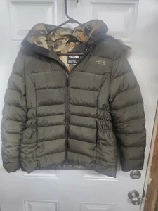 Women North face Wool puffer jacket with fur lined hood Brown with camo liner - Picture 1 of 7