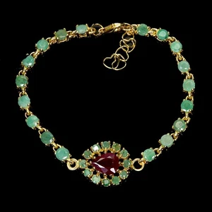 925 Sterling Silver Bracelet Pear Ruby 8x6mm Emerald Gemstone Jewelry 7.5 Inches - Picture 1 of 13