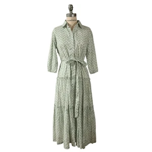 NWT Hibiscus Linens Tuckernuck green tiered block print midi dress sz small - Picture 1 of 8