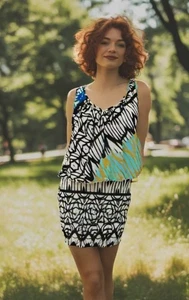 Plenty Tracy Reese Silk Dress Flutter Top VNeck Sleeveless Print Size Medium EUC - Picture 1 of 8