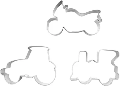 23522-3er Ausstecher-Set "Fahrzeuge" Traktor Lok Motorrad Edelstahl - Bild 1 von 4