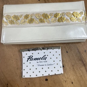Vintage Pamela Geldbörse Damen Creme Gold Blumen Bestickt Top Grain Leder 60er - Bild 1 von 17