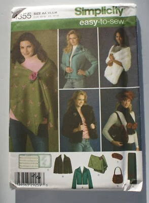 SIMPLICITY #4355 MISSES SIZES XS-S-M JACKET STOLE SCARF HAT & BAG PATTERN UNCUT - Image 1 of 3