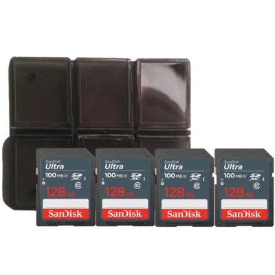 4x Sandisk Ultra 128 GB SDXC UHS I Memory Card 100 MBs with Memory Card Holder - Image 1 of 4