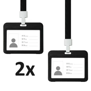 2x Horizontal ID Badge Necklace Holder Plastic Case Lanyard Dual Side Event Work - Picture 1 of 2