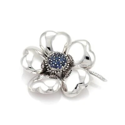 Large 14k White Gold 3.10ct Saphire & Diamond Flower Brooch LIQUIDATION! - Image 1 of 3