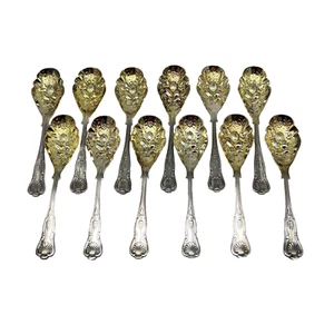 Sheffield Kings Berry Spoon Silverplate Goldplate Embossed England 5-7/8 12Pc - Picture 1 of 10