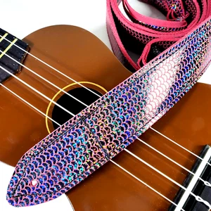 Pink Iridescent Premium Leather Ukulele Strap - Pink Scalloped Leather Design - Picture 1 of 9