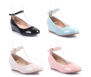 4 Colores Lindo Correa al Tobillo Imitación Cuero Niños Pequeños Niñas Vestido Tacones de Cuña Zapatos - Imagen 1 de 37