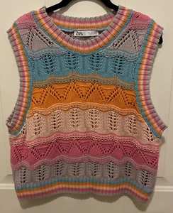 Zara Pullover Weste Pastell Mehrfarbig Häkel Gestreift Small - Bild 1 von 5
