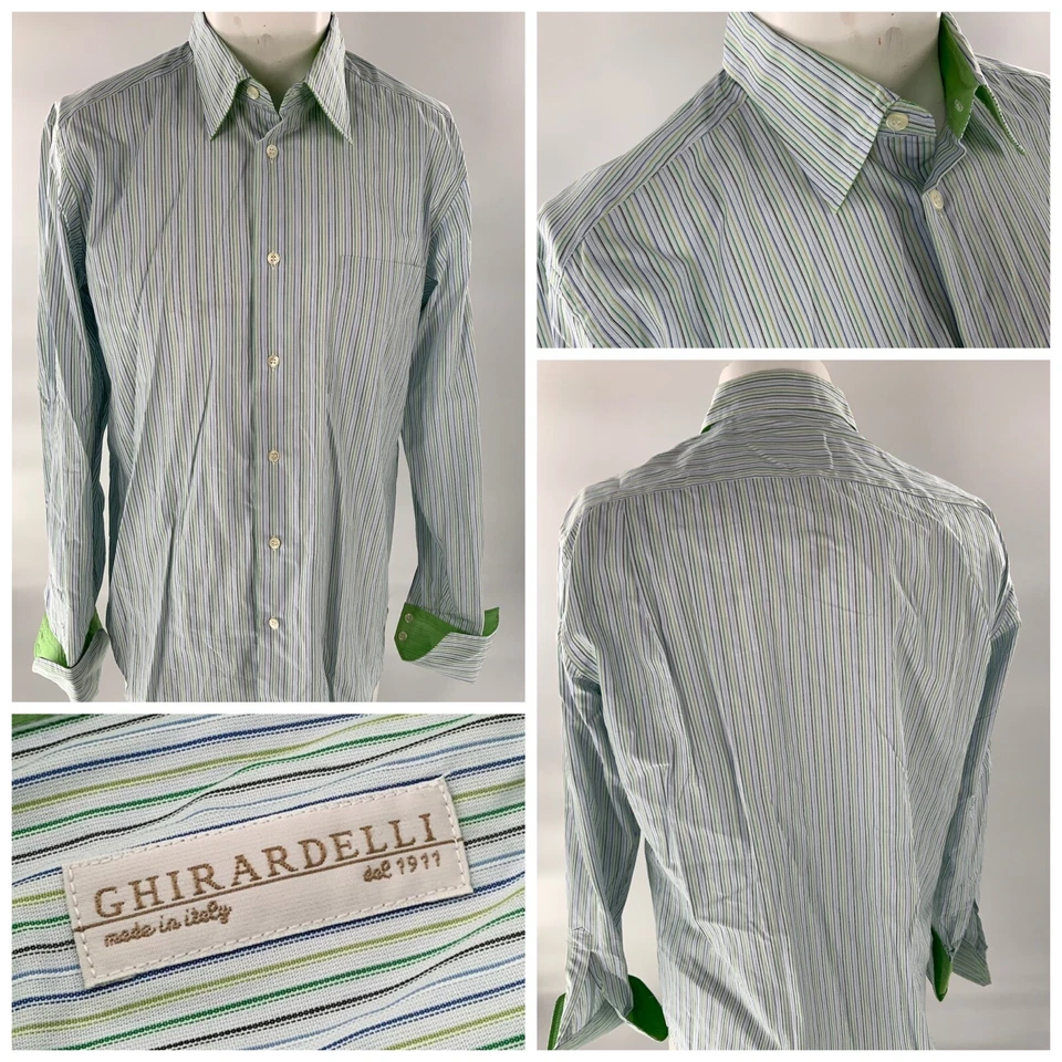 Camisa con botones Ghirardelli M blanca verde azul a rayas puño abatible Italia YGI B2-333 Foto 1 de 4