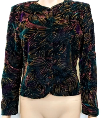 NORTON MACNAUGHTON Women Jacket Size 8 Blue, Pink, Gold Leaves Print Velvet Top - Image 1 of 4