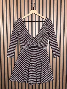 New Free People Dress XS Gray Red Striped Fit &Flare Mini Fleece Terry Faux Wrap - Picture 1 of 8