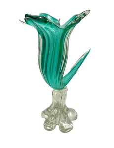 Mid Century Modern art Glass Vase, Teal color, "Jack in the Pulpit" - Picture 1 of 7