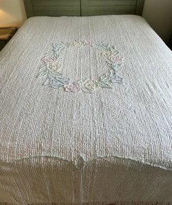 VTG Chenille Floral Pastel Bedspread Blanket 95x116” Fringe White Cotton Blair - Picture 1 of 14