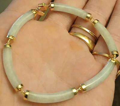 БРАСЛЕТ ИЗ ЖЕЛТОГО ЗОЛОТА 14 КАРАТ С НЕФРИТОВЫМ СЛИТКОМ, 7,25 ДЮЙМА/11 ГРАММ (ВИНТАЖНЫЙ) - Изображение 1 из 4