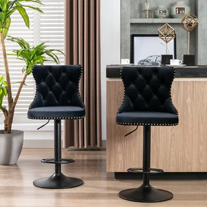 Set of 2 Black Swivel Bar Stool Counter Height Adjustable Kitchen Dining Chairs - Picture 1 of 15