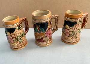 LOT 3 VINTAGE GERMAN STYE JAPAN BEER STEINS 5 1/4” & 5 3/4” CERAMIC MUGS - Picture 1 of 7