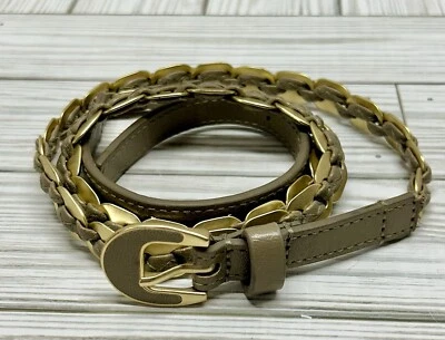 Chico's Skinny Link Belt 金色金属灰褐色人造皮革女式 38 英寸 - 42 英寸腰围 — 第 1/4 张图片