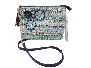 Sondra Roberts Squared Crochet? Crossbody Bag Blue Stripe Applique Flowers NWT - Picture 1 of 8