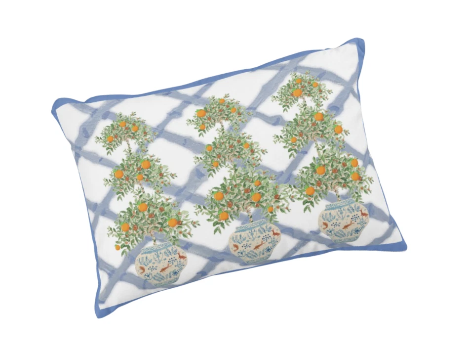 Orange Tree Topiary Ginger Jar Goldfish Koi Chinoiserie Throw Pillow Cover - Image 1 of 1