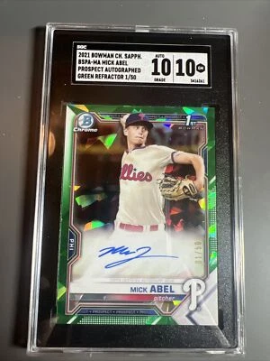 2021 Bowman Chrome Sapphire Green Refractor MICK ABEL AUTO 1/50 SGC 10/10 - Image 1 of 3