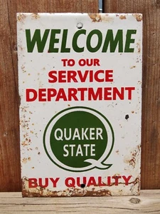 VINTAGE QUAKER STATE OIL PORCELAIN ENAMEL METAL GAS OIL SIGN SIZE 6" x 4" - Picture 1 of 6
