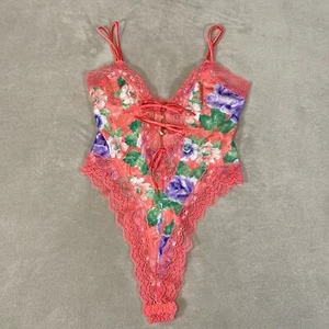 Vintage 80s Victoria's Secret Bodysuit Pink Gold Tag Teddy Floral Lace Bow NWT - Picture 1 of 12