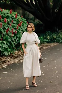Vestido AJE Euphoria Lino Manga Abullonada Piedra Midi Bolsillos Talla AU 8 / US 4 Boda - Imagen 1 de 12