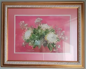 OLGA DIK-LOVELY, ORIGINAL ACRYLIC "AUSTRALIAN FLOWERS–King Protea"-SIGNED FRAMED - Picture 1 of 2