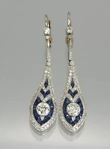 Art Deco Style Lab Created Diamond & Sapphire Wedding 14K White Gold FN Earrings - Picture 1 of 9
