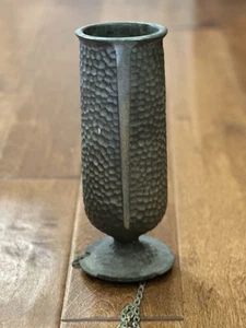 Vintage Solid Hammered Bronze Cemetery Flower Vase With Chain - Picture 1 of 9