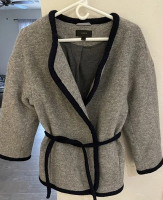 J.Crew Boiled Wool Sweater Knit Wrap Jacket Coat Gray with Navy trim size M - Image 1 of 3