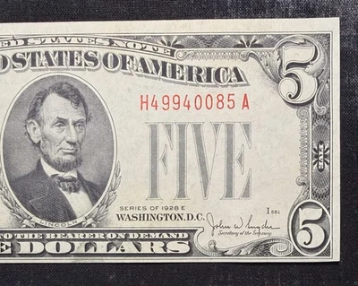 1928 E $5 nota dos Estados Unidos selo vermelho — bloco H/A não circulado - Imagem 1 de 4