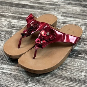 FitFlop Lulu Flower Fire Red Patent Leather Thong Sandals sz 10 Flip Flops Shoes - Picture 1 of 6