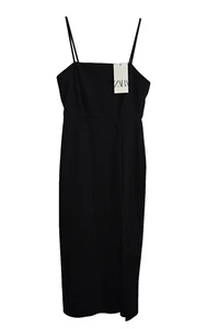 Zara NWT Womens Black Spaghetti Strappy Camisole Side Slit Midi Cocktail Dress M - Picture 1 of 8