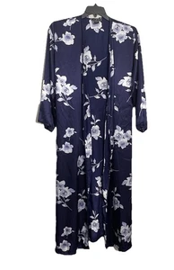 Halston Women's Navy Floral Satin Long Sleeve Robe Size 1X - Picture 1 of 11