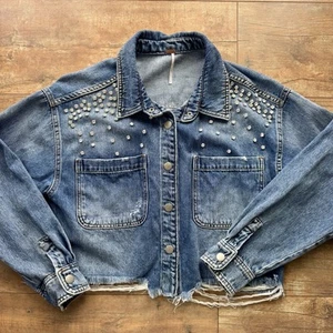 Free People Rhinestone Distressed Cut Off Cropped Oversized Denim Jacket Sz S - Picture 1 of 8