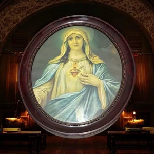 Vintage Immaculate Heart Mary Oval Picture Plastic Frame Catholic Church Madonna - Picture 1 of 13