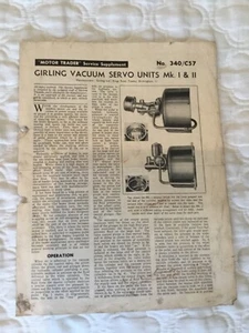 **GIRLING VACUUM SERVO UNITS MKI &11** MOTOR TRADER DATA No 340/C57 DATED 27/0 - Picture 1 of 3