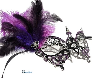 Black & Purple Metal Masquerade Mask - Venetian Feather Masque - Party Mask - Picture 1 of 10