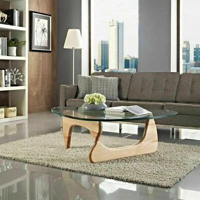 Noguchi Coffee Table Triangle Glass Top Premium Solid Hardwood Base Natural - Image 1 of 4