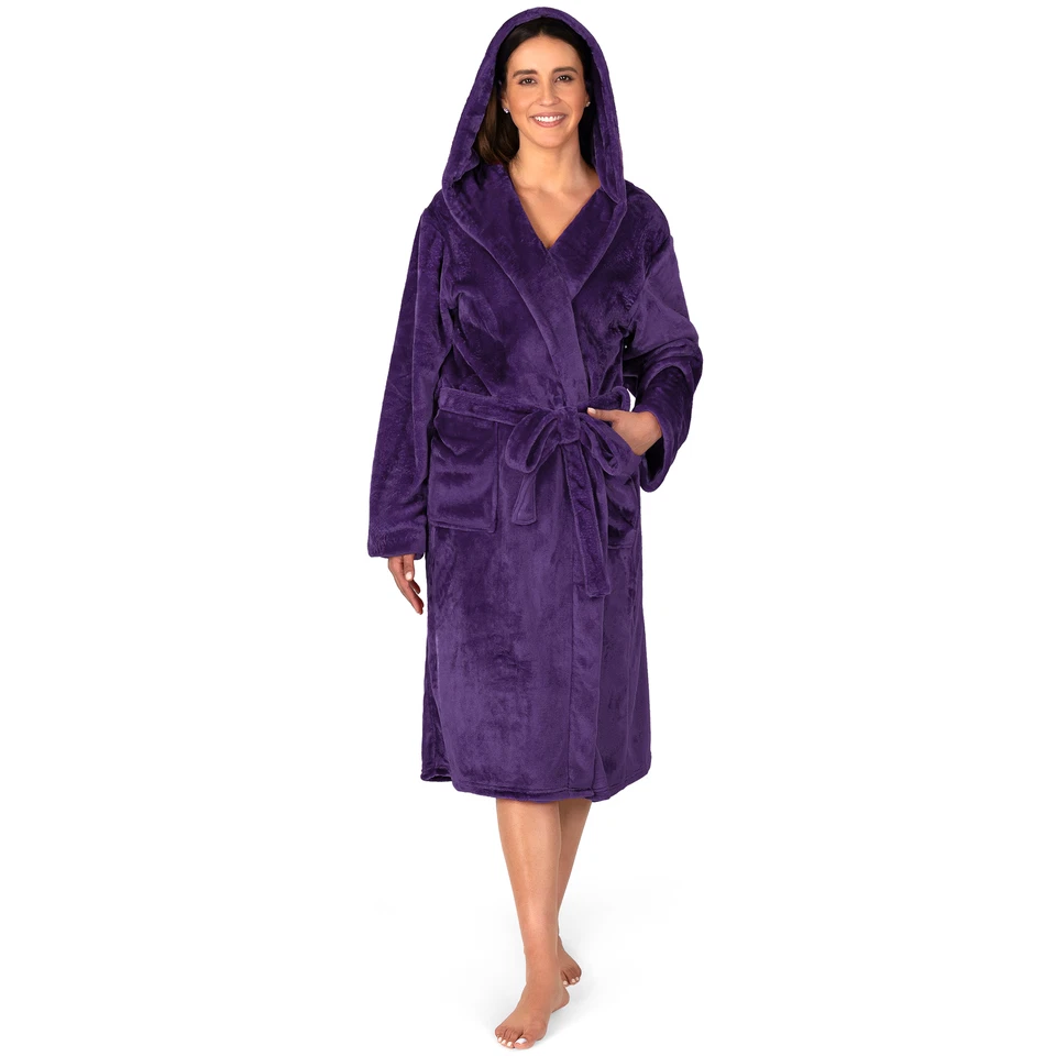 Womens Robe with Hood Fleece Plush Soft Long Hooded Robe Bathrobe for Spa Bath - Image 1 of 1