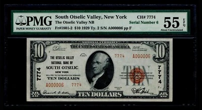 RARE 1929 $10 South Otselic Valley New York  Serial Number A000006 PMG 55 EPQ - Image 1 of 2