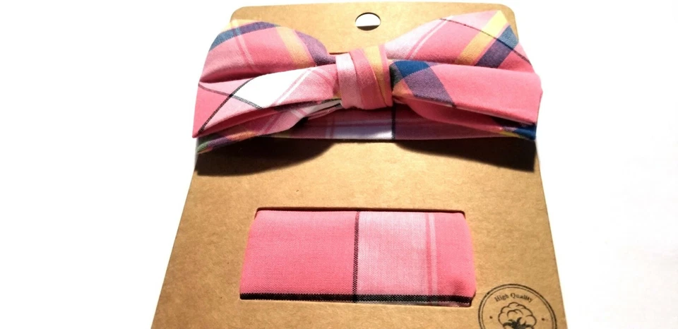 MENS BOW TIE STRIPED PINK HANDKERCHIEF PRE-TIED BOW ADJUSTABLE CLIP  - Image 1 of 1