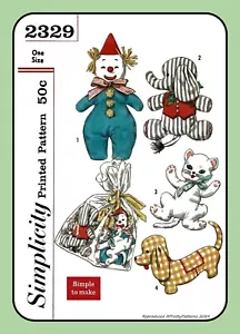 KITTEN Dog ELEPHANT Stuffed Animals CLOWN Simplicity 2329 VTG 1957 Sew Pattern - Picture 1 of 5