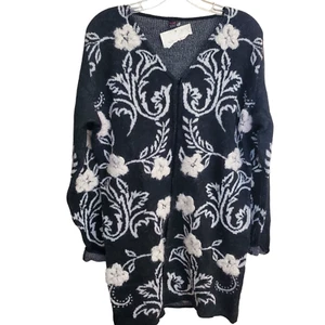 New Tey-Art ALPACA Longline Sweater Cardigan Tabask Black White flowers Sz M #14 - Picture 1 of 7