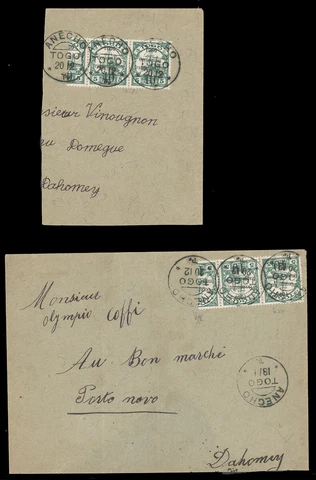 TOGO (FRENCH OCCUPATION) 1914 10c on 5pf GREEN - MATCHED PAIR OF VERTICAL BISECT Cover