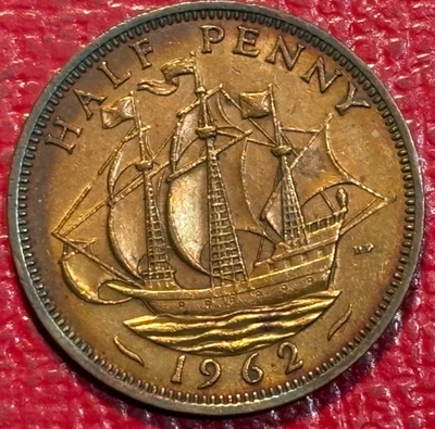 DUAL TONER HIGH GRADE XF 1962 GREAT BRITAIN ENGLISH 1/2 HALF PENNY CENT-NOV611 - Image 1 of 2